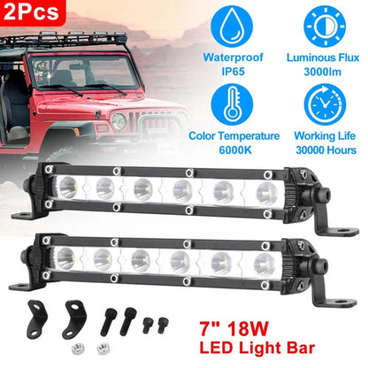 7" LED Light Bar Single Row Offroad Spot Lights 18W Ultra Slim