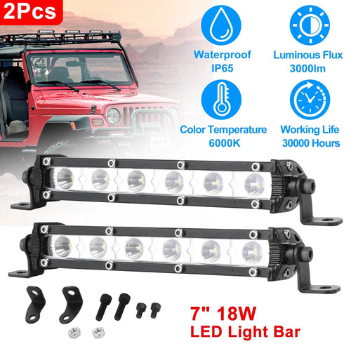 7" LED Light Bar Single Row Offroad Spot Lights 18W Ultra Slim